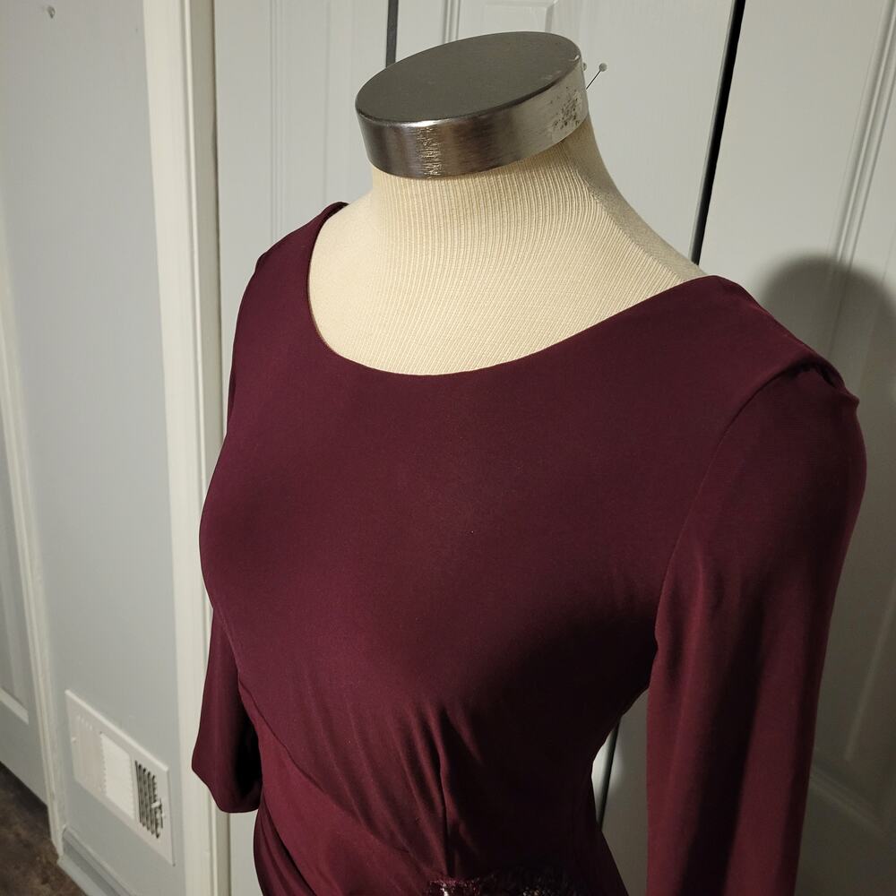 Classic Stretch Ruched Evening Dress Alex Evenings Wine Red Size 6 3/4 Sleeve. - Picture 2 of 10